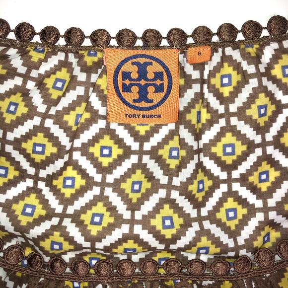 Tory Burch Brown Yellow Diamond Geometric Pattern Embroidered Trim Top Size 6 - Picture 4 of 7
